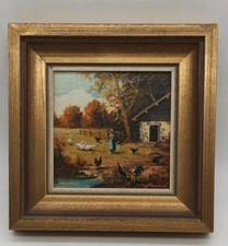 Ori. Öl Gemälde Hahn Hüner Gänse signiert Hemsich ? mit Rahmen antik 21,5 x 21,5