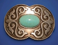 Gürtelschnalle: "Bi-Metall mit Ornamenten und großem Türkisfarbenem Stein" Neu!