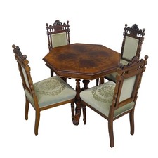 Tischgruppe antik Esstisch Nussbaum Essgruppe mit 4 Stühle gepolstert  -11758-