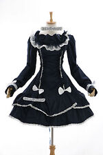M-3188 Satin dunkel-blau Lolita langarm Kleid dress Cosplay Kostüm Rüschen