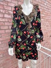 Galliano by John Galliano Vintage Seidenkleid Langarm Schwarz Kirschmuster M 44