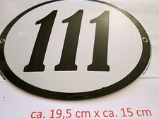 Hausnummer Oval Emaille  schwarze Nr. 111  weißer Hintergrund 19 cm x 15 cm 