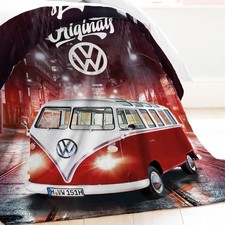 VW Volkswagen Bulli Decke 087-B Rot | 130x170 cm | Tagesdecke Kuscheldecke