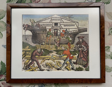 Gerahmt Wurzelholz-Bilderrahmen Arche Noah ❤️ koloriert Stahlstich 19. Jh.