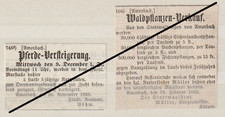2 alte Anzeigen Amorbach 1863, Pferde u. Waldpflanzen Verkauf ,wie abgebildet