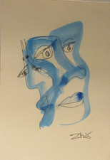 blaue Frau  Original signiert Zeichnung kubistisch expressiv fineline 21x15cm