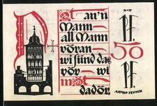 Notgeld Lübeck 1921, 50 Pf, Stadtwappen mit Adler und historischer Stadtansicht 