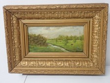 Nettes kleinformatiges antikes Landschaftsbild auf Holz gemalt um 1900 signiert