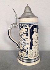 Antiker Bierkrug mit Zinndeckel Marcy & Remy "Trinke stets mit Mass und Ziel..."