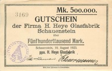 Schauenstein H. Heye Glas 500 Tausend Mark 1923 fast Kfr. Rundstempel