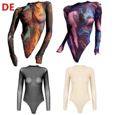 DE Damen Body Transparent Stringbody Langarm Sexy Unterhemd Dessous Nachtwäsche