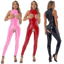 DE Damen Latex Leder Catsuit Brust und Schritt Offen Lack leder Jumpsuit
