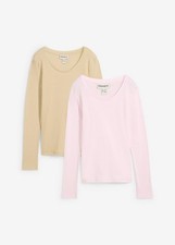 Neu 2er Pack Damen Rippshirt Bio-Baumwolle Gr. 44/46 Puderflieder Rauchkhaki