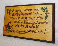 Kleines Vintage Holzschild mit lustigem Spruch und Motiv: Arbeitswut - Rüdesheim