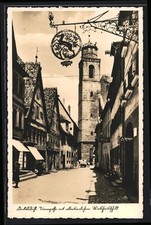 Dinkelsbühl, Turmgasse mit altertümlichen Wirtshausschild, Ansichtskarte 