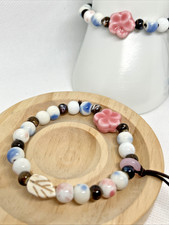 Süßes Blume Blatt Porzellan Keramik Armband Stretcharmband rosa weiß blau