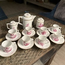 19 tlg Höchst Porzellan Mokkaservice Handgemalt Landschaftsdekor Purpur- Cameieu