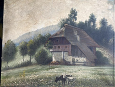 ::A. FIESEL ÖLGEMÄLDE EINES BAUERNHAUSES MIT ZIEGEN UND BERGEN IM HINTERGRUND