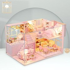 DIY Handarbeit Miniatur Puppenhaus Bausatz mit LED Holz rosa Hütte Modell
