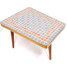 Blumenbank Atelier Harry Kunz DDR Mosaikbelag Sprelacart Holz Dreibeinhocker