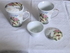 2 x Teetasse, Teebecher, Rosen - Decor mit Deckel und Sieb 300 ml, guter Zustand