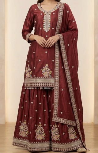 3pcs maroon silk - maroon, sharara