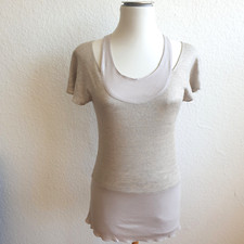 NEU 2 Lagen BLUSEN SHIRT Ecru LEINEN + SILBER GLITZER Neckholder Gr. S festlich