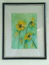 Original Aquarellmalerei Gelbe Blumen gerahmt 44 x 34 cm Schwarz Aquarell