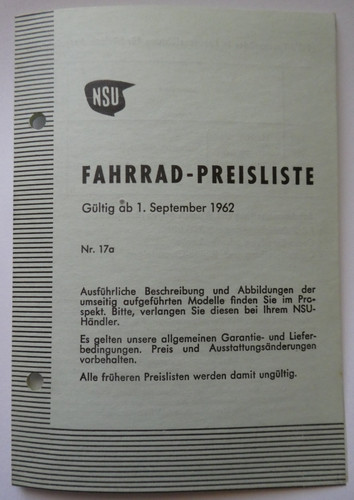 Original nsu preisliste - original, 1962