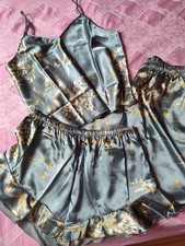Lounge Wear Pyjama Set XL Satin jadegrün Shorts Hose Top 3Teile Neu Nachtwäsche 