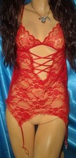 Sündiges Nylon Spitzen Strapshemd Straps Negligee Gr. M/L rot ungetragen (K354)