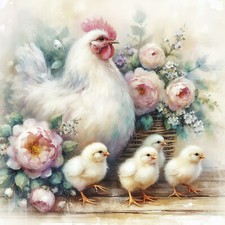 Wandbild Henne Küken Blumen