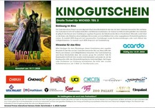 2 Freikarten/Tickets/Kinogutscheine "WICKED: TEIL 2"