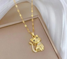 Goldene Halskette Katzenanhänger aus Edelstahl mit künstlichen Zirkonia Frauen