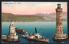 Lindau i. B., Hafen, Leuchtturm, Bayerischer Löwe, Dampfschiff, Ansichtskarte 