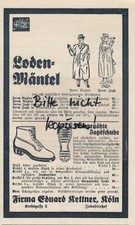 KÖLN, Werbung 1936, Firma Eduard Kettner Loden-Mäntel Jagd-Schuhe