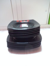 IKEA 12 Speise-Teller Tiefe / Flache Teller Schwarz  4-eckig chines. Schriftz.  