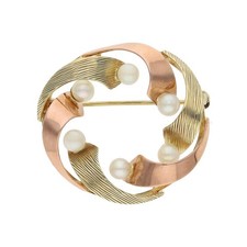 Brosche 333/000 (8 Karat) Gelbgold und Rotgold mit Akoyazuchtperle, Handarbeit,