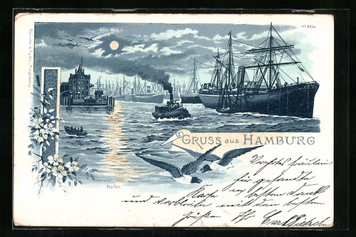 Lithographie hamburg hafen - lithographie, hamburg,