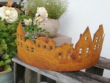 Häuserzeile Stadt Windlicht  Metall Edelrost Landhaus Lichthaus Garten 34cm