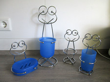 7 tlg. Bad-und WC-Set Metallfrosch silber + blau