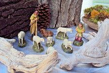 Antike Krippenfiguren Gips 2 Schäfer +6 Schafen Sign. Germany M H 4 -13cm hoch