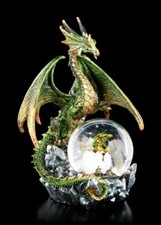 Drachenfigur mit Schneekugel - Emerald Oracle - Fantasy Drache Dekostatue 