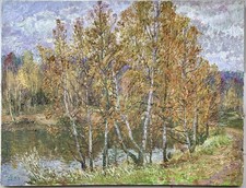 Original altes russisches Ölgemälde Landschaft Impressionismus, signiert/datiert