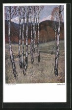 Künstler-AK Adalbert Holzer: Stilles Tal, Birken vor Gebirgspanorama 