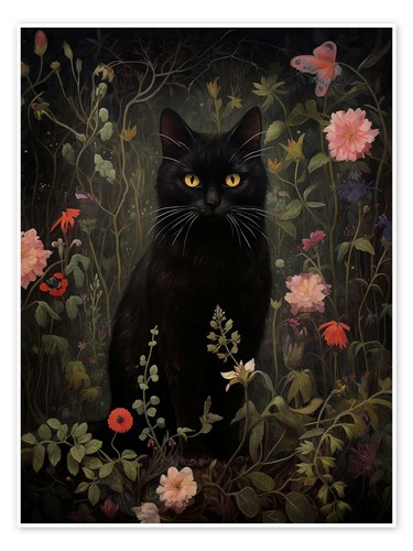 Poster florale schwarze katze - florale,
