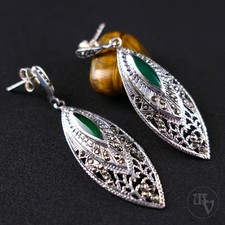 925 Silber Ohrringe Ohrhänger mit Markasiten Grüner Achat Antiker Art Déco Stil