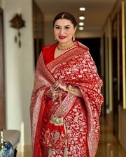 Indisch Hochzeit Saree Rot Seide Jacquard Gewebt Braut Party Bollywood