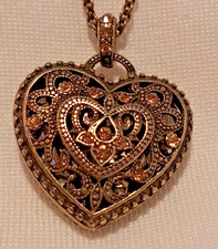 Modeschmuck Vintage Herzanhänger mit Kette in Bronze verziert mit Strasssteinen