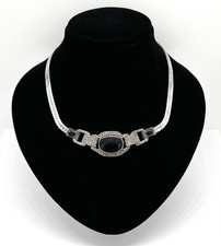925/- Silber Collier, Onyx, Cabochon, Markasiten, ca. 45 cm lang, Muster